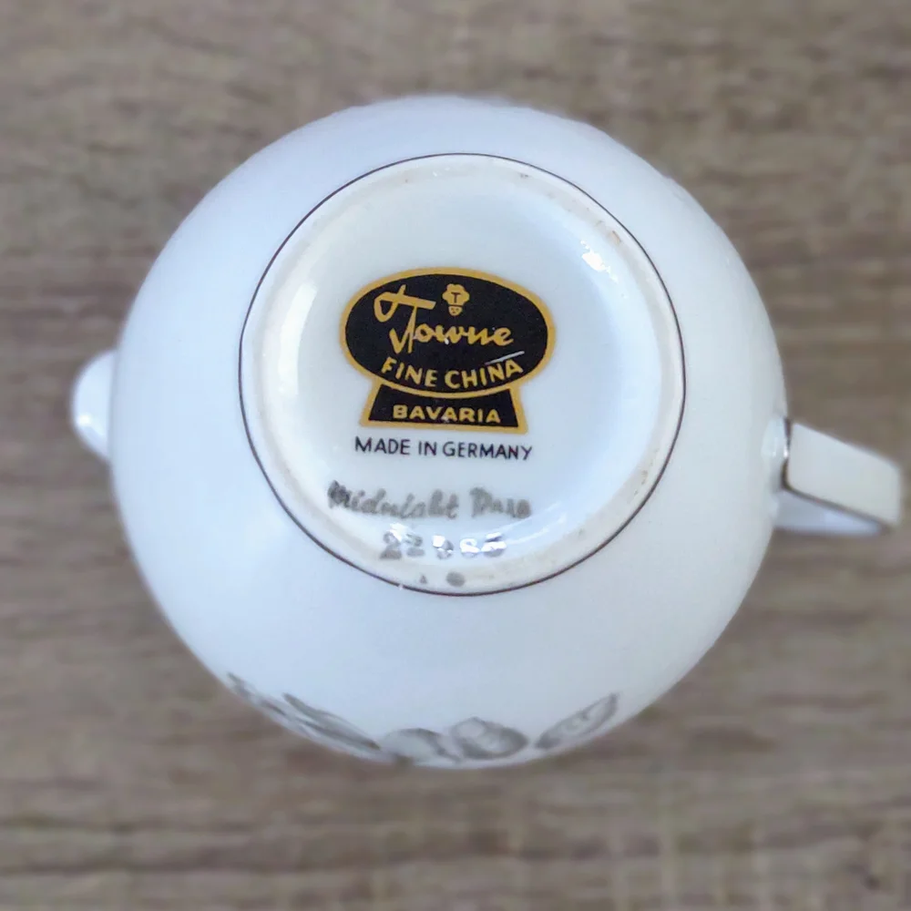 Towne Fine China  Midnight Rose White Porcelain Creamer with Silver Acce…